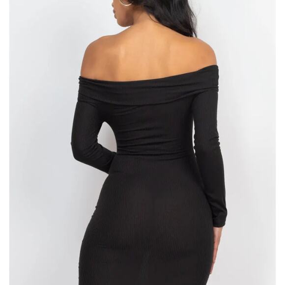Ribbed Off Shoulder Black  Bodycon Dress | Capella - Picture 2 of 4